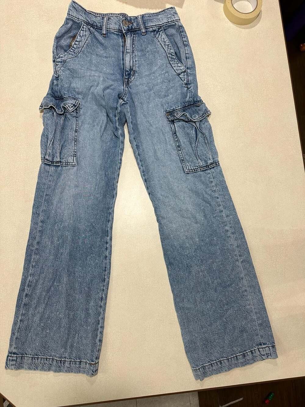 Aeropostale High Rise Wide Leg Cargo Jeans Size XS Reg Light Wash Denim